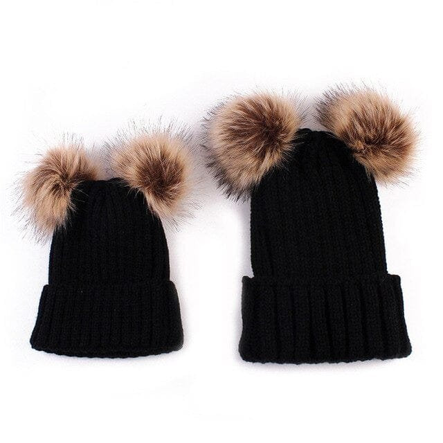 Mother and Daughter Matching Pompom Hats